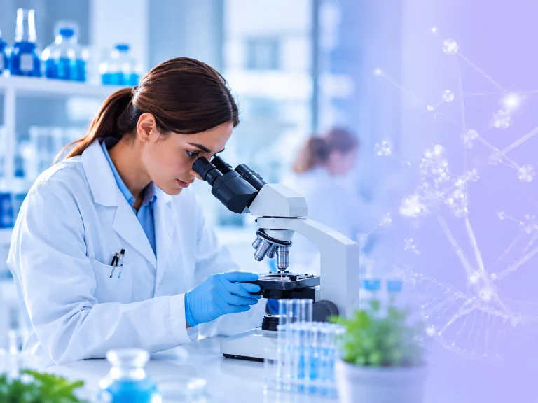 Laboratuvarda mikroskopla çalışan bir araştırmacı